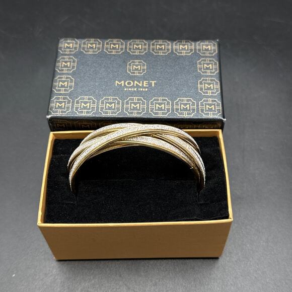 Monet Bracelet Size 7.5 Faux Druzy Inlay 5 Linked Bands Gold Tone Bangle w/ Box - Picture 5 of 9